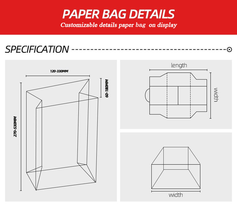 paper bag details:customizable details paper bag on display:specification:270-530mm*120-330mm*60-180mm